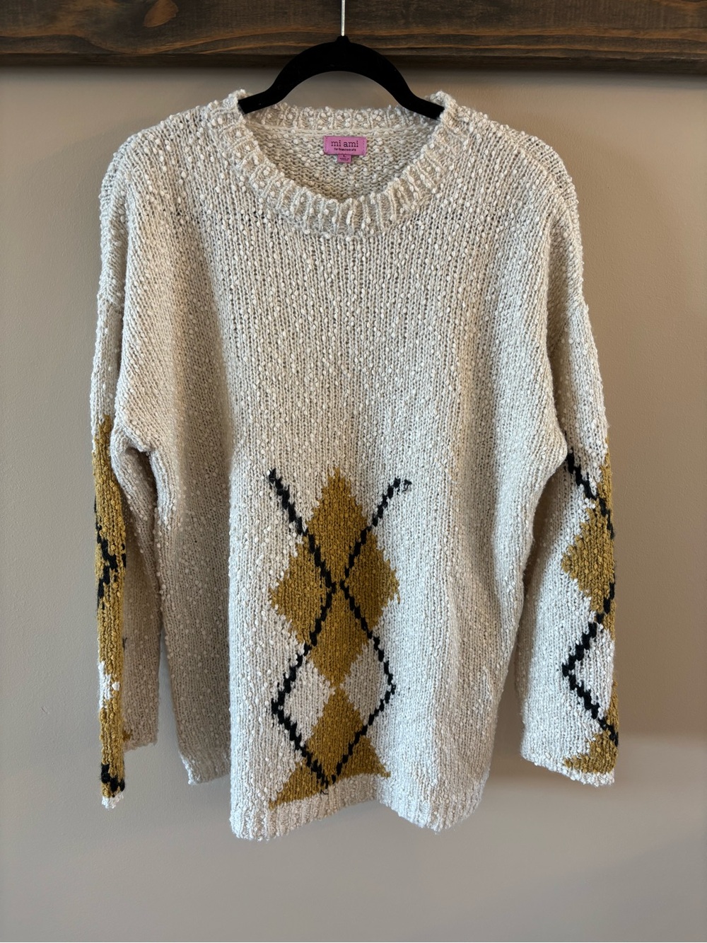 miami Cream Crewneck Sweater with Yellow Argyle Sleeves - Picture 2 of 7
